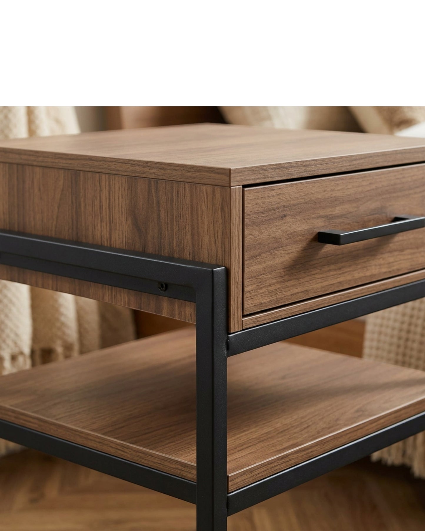 Focae Narrow Nightstand with Drawer and Open Shelf Walnut and Black - Detail view