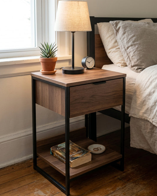 Focae Narrow Nightstand with Drawer and Open Shelf Walnut and Black - Lifestyle view