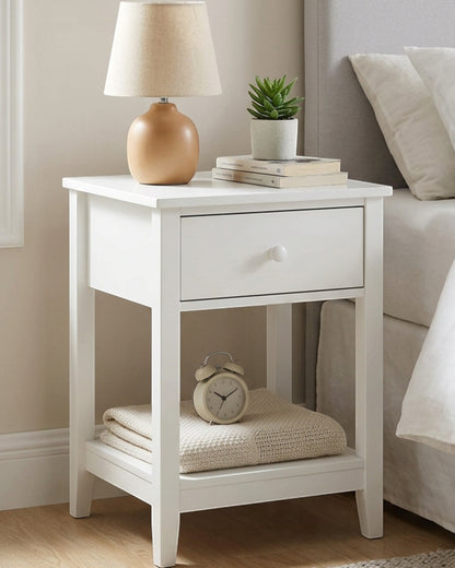Focae Bedside Table White 1 Drawer with Shelf