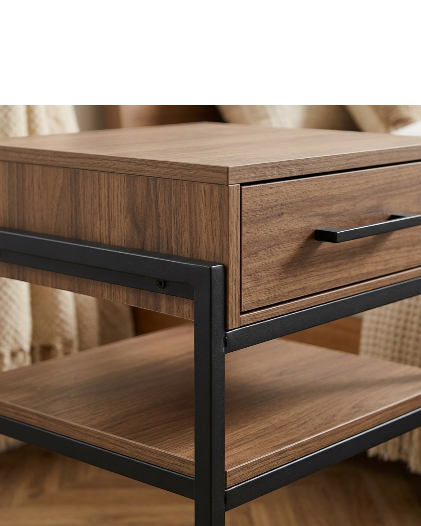 Focae Narrow Nightstand with Drawer and Open Shelf Walnut and Black - Detail view