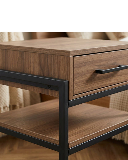 Focae Narrow Nightstand with Drawer and Open Shelf Walnut and Black - Detail view