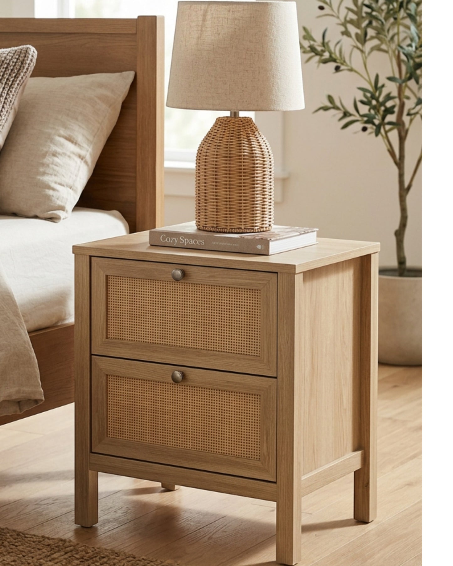 Focae Rattan Front Nightstand Natural 2 Drawer